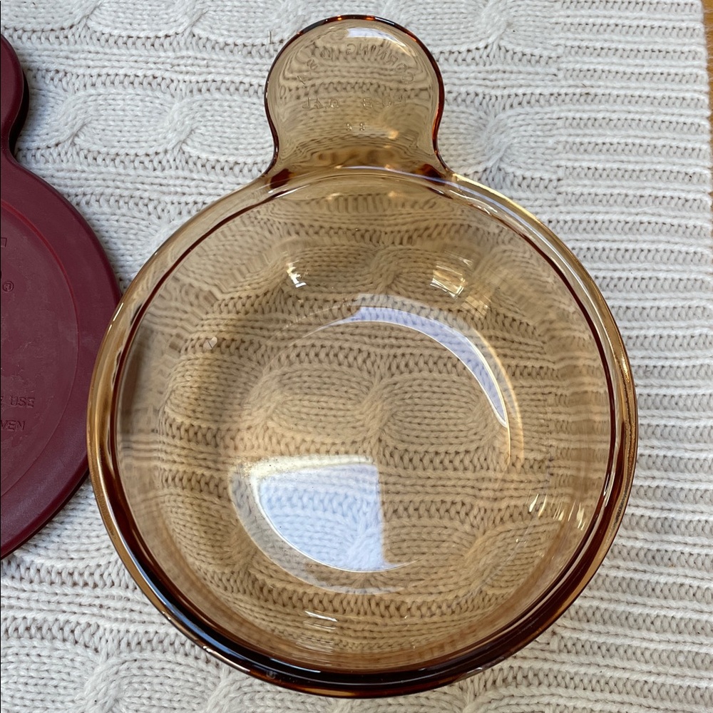 Vtg Corning Visions Heat ‘n’ Serve amber “grab it” bowl/dish/storage Maroon Lid - Picture 3 of 9